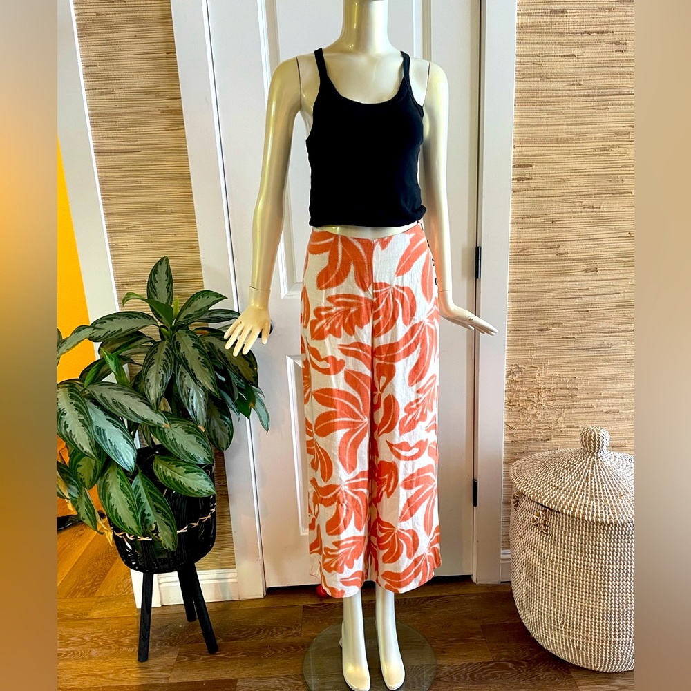 Orange and White Leaf Print Women's Linen Blend Pants - Picture 2 of 9